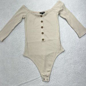 Express Women's Small Beige Bodysuit Button Up Pullover 3/4 Length Sleeve